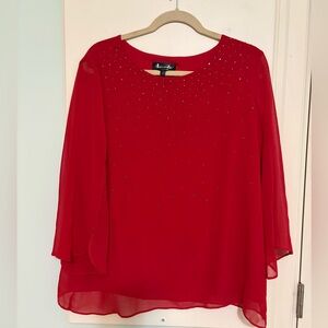 Avenue Red Chiffon Blouse with Rhinestone Detail
